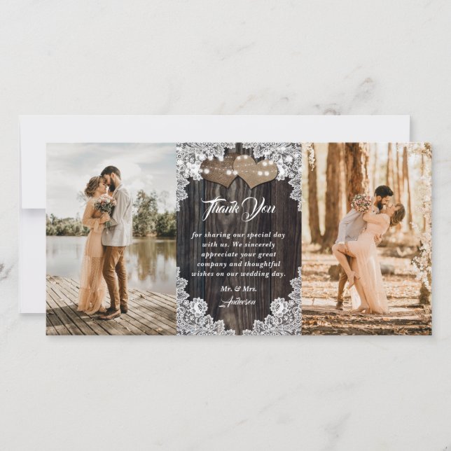 Romantic Land Wood Blommigt Snöre Bröllop fotto Tack Kort (Framsida)