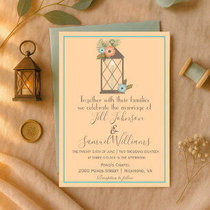 Romantic Lantern Soft Peach & Aqua Blommigt Bröllo Inbjudningar