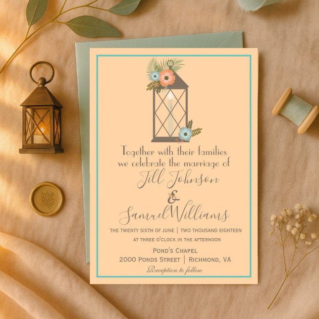 Romantic Lantern Soft Peach & Aqua Blommigt Bröllo Inbjudningar (Skapare uppladdad)