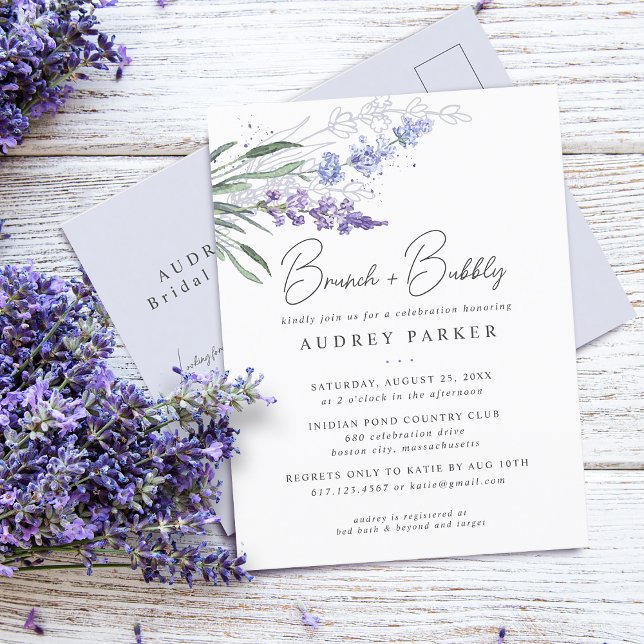 Romantic Lavender Blommigt Watercolor Möhippa Inbjudan Vykort (Romantic Lavender Floral Watercolor Bridal Shower Invitation Postcard)