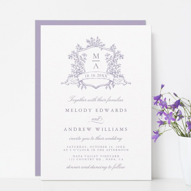 Romantic Lavender Floral Crest Wedding Inbjudningar (Skapare uppladdad)