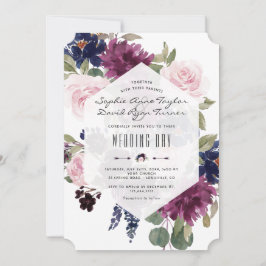Romantic Lavender Navy Blue Blommigt Bloom Bröllop Inbjudningar