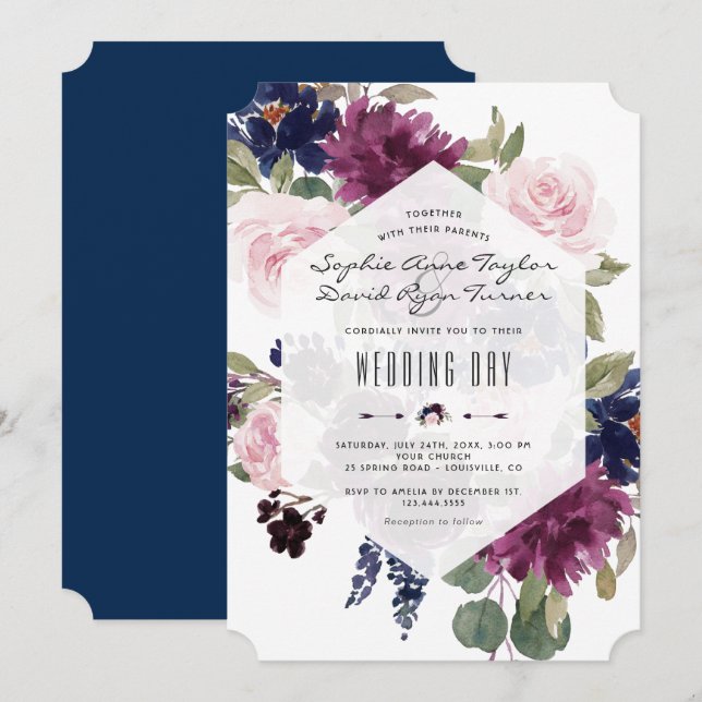 Romantic Lavender Navy Blue Blommigt Bloom Bröllop Inbjudningar (Fram/baksida)