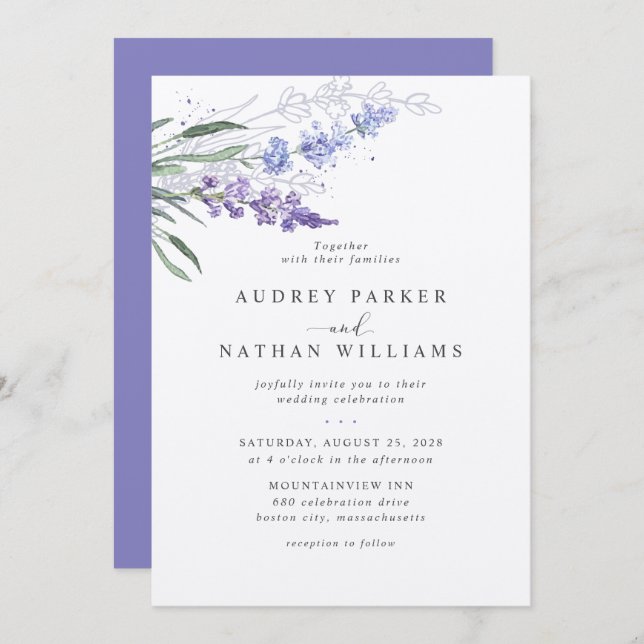 Romantic Lavender Watercolor Blommigt Bröllop Inbjudningar (Fram/baksida)