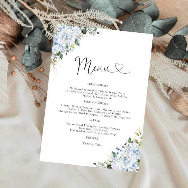 Romantic Light Blue Floral Wedding Menu Meny (Skapare uppladdad)