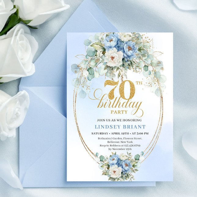 Romantic Light Blue Flowers 70th Birthday Invites Inbjudningar (Romantic Light Blue Flowers 70th Birthday Invitation Set

)