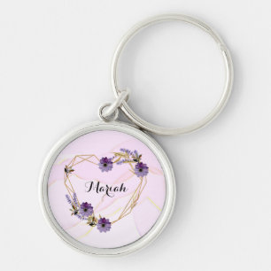 Romantic lila blommor rund silverfärgad nyckelring