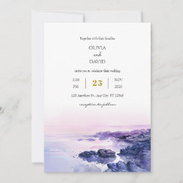 Romantic Lila Rocky Shoreline Dusk Beach Wedding Inbjudningar