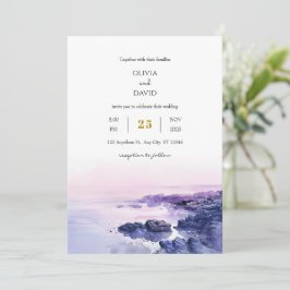 Romantic Lila Rocky Shoreline Dusk Beach Wedding Inbjudningar