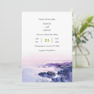 Romantic Lila Rocky Shoreline Dusk Beach Wedding Inbjudningar
