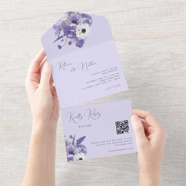 Romantic Lilac Lavender Blommigt Qr Code Bröllop (Tearaway)