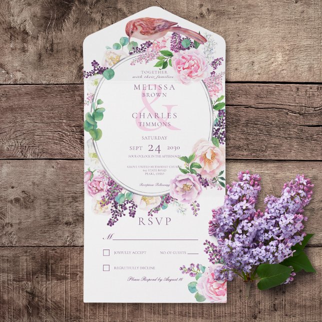 Romantic Lilac & Rosa Blommigt Oval Ram No Middag (Romantic Lilac & Pink Floral Oval Frame All In One Wedding Invitation without Dinner Options)
