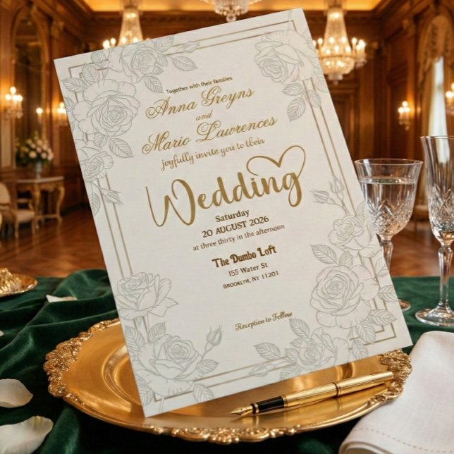 Romantic Line Art Rose Faux Gold Foil Wedding  Inbjudningar (Skapare uppladdad)