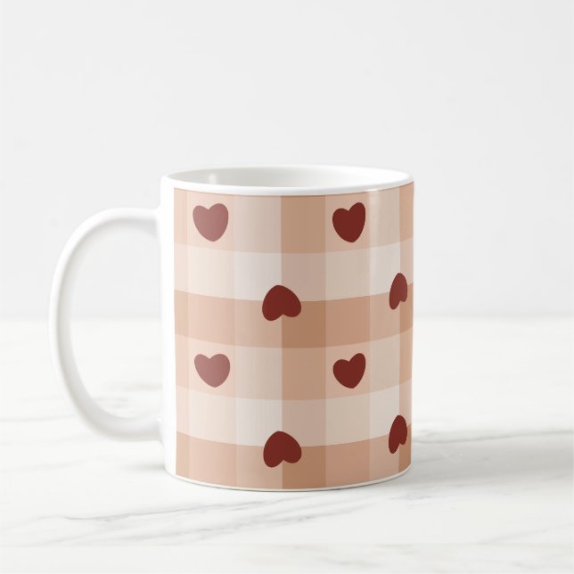 Romantic little hearts and brown gingham checks kaffemugg (Vänster)