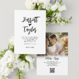 Romantic Loely Heart Script Photo QR Code Bröllop Inbjudningar