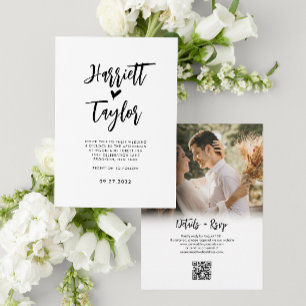Romantic Loely Heart Script Photo QR Code Bröllop Inbjudningar