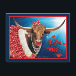 Romantic Longhorn Cow Valentine Vykort<br><div class="desc">Det här är ett slags "ett av ett slag" Romantic Longhorn Cow Valentine-vykort! Det har en komiklig klass Longhorn Cow som har vunnit allt hjärtans Kap, Makeup, Hair Bow och judelry... Och önskar alla en... "MOOO"-VELOUS Y'ALL Valentine's Day! Denna ursprungliga konstform av "en av ett slag" Skapades av konstnären Kerry...</div>
