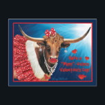 Romantic Longhorn Cow Valentine Vykort<br><div class="desc">Det här är ett slags "ett av ett slag" Romantic Longhorn Cow Valentine-vykort! Det har en komiklig klass Longhorn Cow som har vunnit allt hjärtans Kap, Makeup, Hair Bow och judelry... Och önskar alla en... "MOOO"-VELOUS Y'ALL Valentine's Day! Denna ursprungliga konstform av "en av ett slag" Skapades av konstnären Kerry...</div>