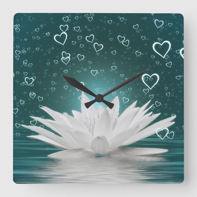 Romantic Lotus Flower Hearts Zen Yoga Vatten Lily Fyrkantig Klocka (Framsida)