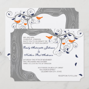 Romantic Love Bird Träd Orange Navy Bröllop Inbjudningar