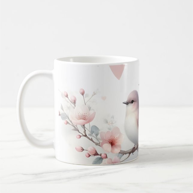 Romantic Love Birds Cherry Blossom Branch Kaffemugg (Vänster)