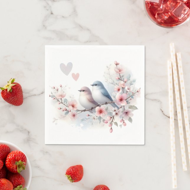 Romantic Love Birds Cherry Blossom Branch Pappersservett (Insitu)
