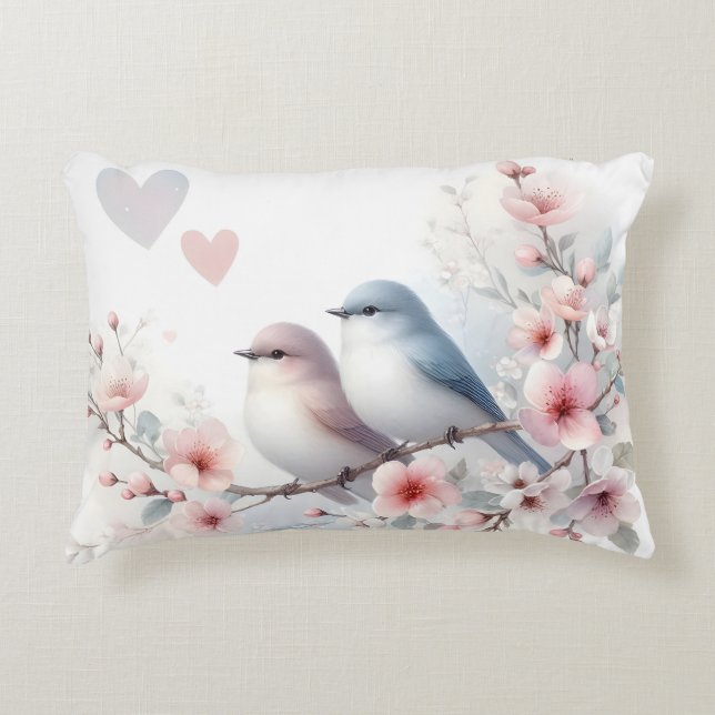 Romantic Love Birds Cherry Blossom Branch Prydnadskudde (Framsidan)