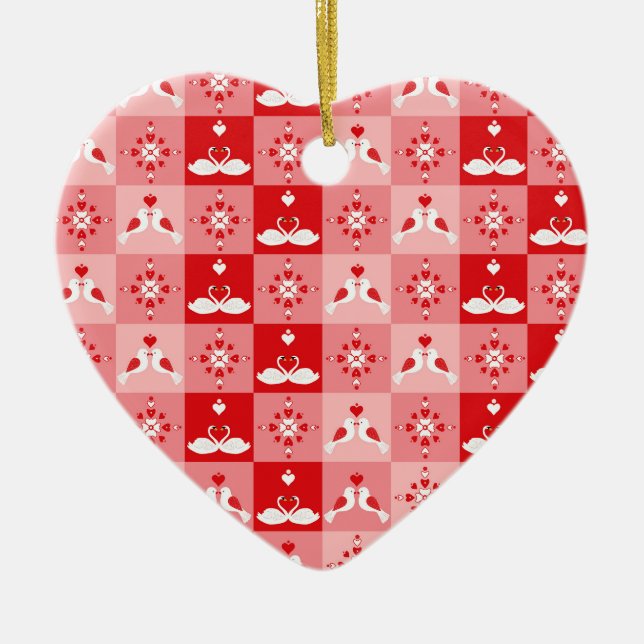Romantic Love Birds & Swan Hearts Seamless Valenti Julgransprydnad Keramik (Framsidan)