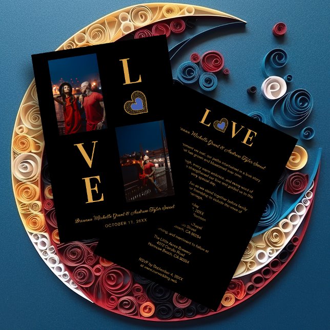 Romantic Love blue Heart Fake Lace 2 Multi PHotos Inbjudningar (Romantic Love blue Heart Fake Lace & Fake Golden Effect Classic 2 Photos Collage Wedding Invitation.)