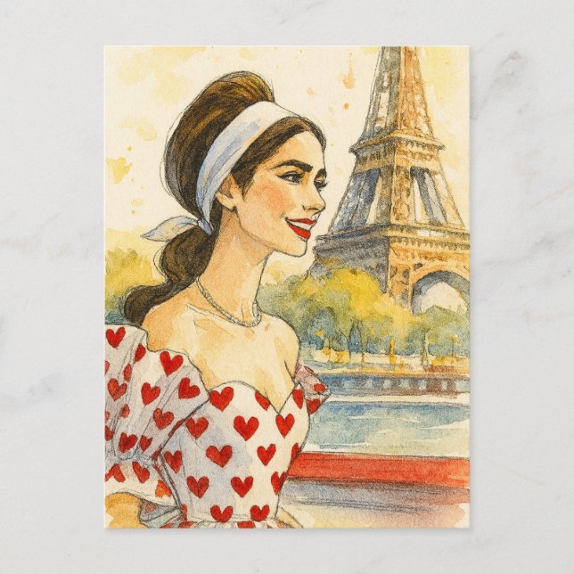 Romantic Love Paris Man Woman Watercolor Postcard Vykort (Framsida)