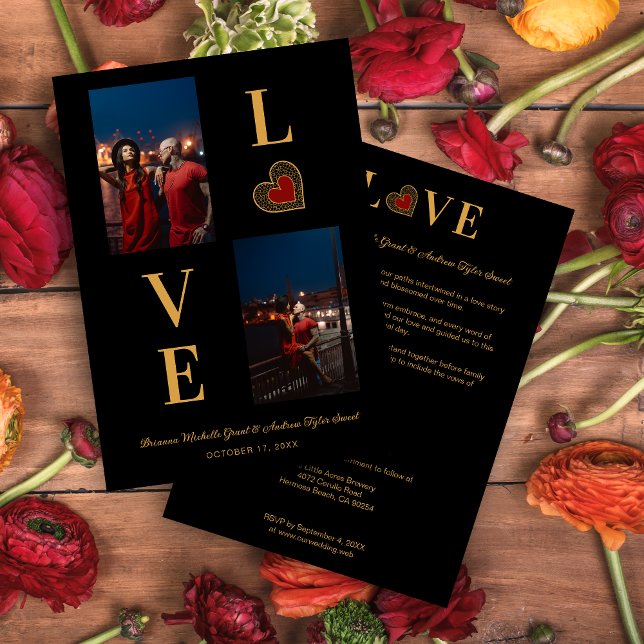 Romantic Love Red Lace Heart 2 Multi Photos  Inbjudningar (Romantic Love Red Heart Fake Lace and Fake Golden Effect Simple Classic 2 Photos Collage Invitation.)