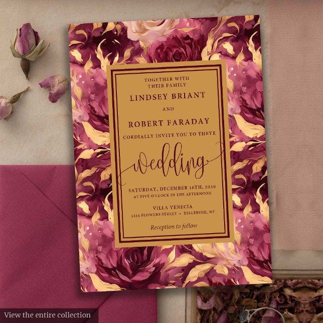Romantic Luxury Deep Red Guld Blommigt Bröllop Inbjudningar (Romantic Luxury Deep Red Gold Floral Wedding Invitation)