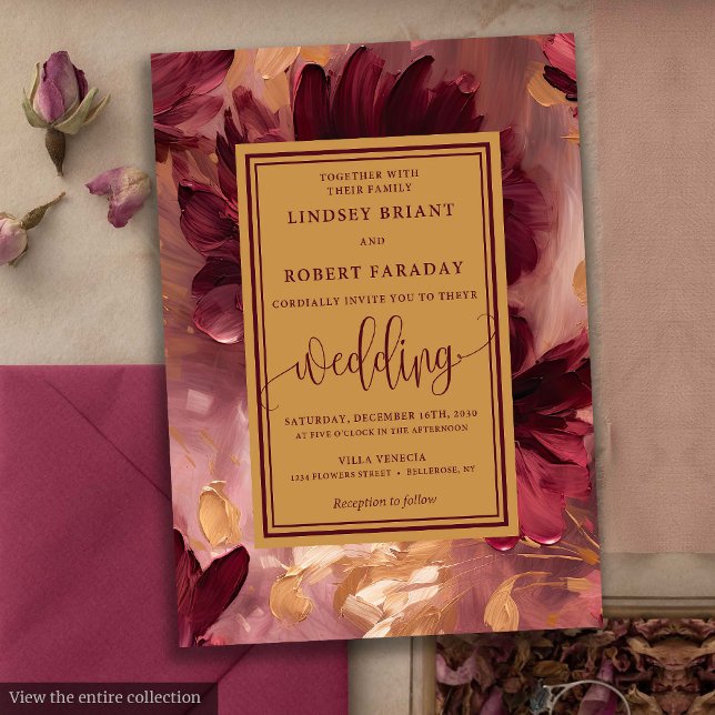 Romantic Luxury Deep Red Guld Flowers Bröllop Inbjudningar (Romantic Luxury Deep Red Gold Flowers Wedding Invitation)