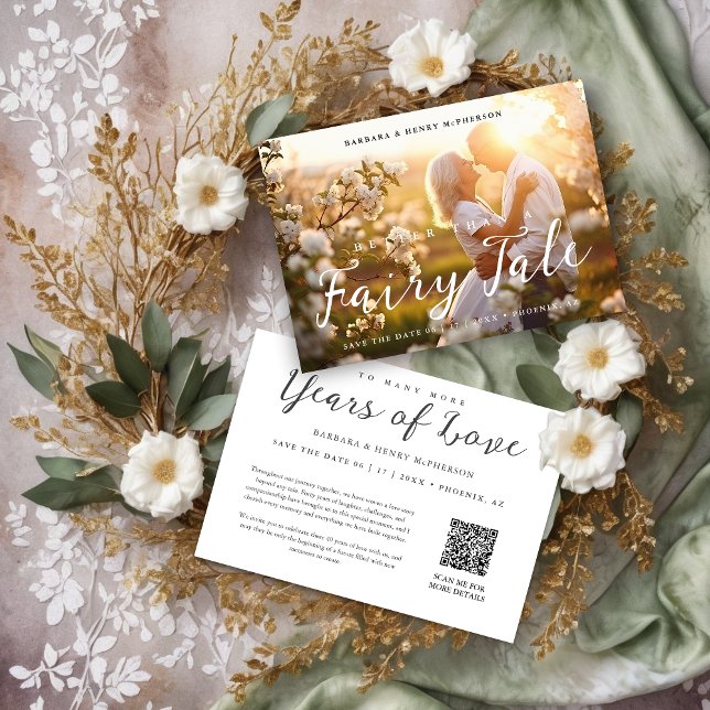 Romantic Magic of Love Photo Wedding Anniversary Spara Datumet (Romantic Magic of Love Photo Wedding Anniversary Save the Date Card Design with QR Code on the Back.)