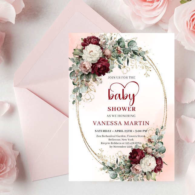Romantic Maroon Floral Gold Baby Shower Invite Inbjudningar (Romantic Maroon Floral Gold Baby Shower Invite

)