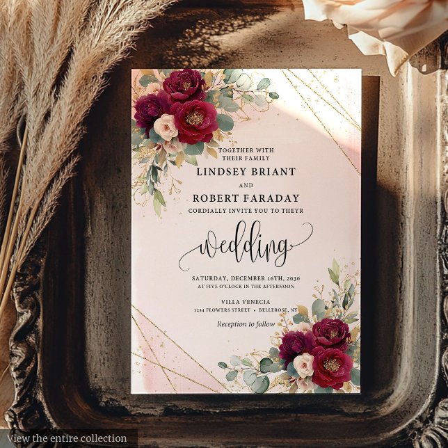 Romantic Maroon Guld  Flowers Elegant bröllop Inbjudningar (Romantic Maroon Gold Blush Flowers Elegant Wedding Invitation)