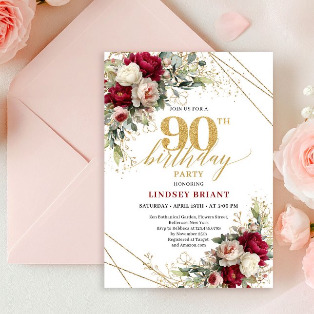 Romantic Maroon Rose Gold 90th Birthday Invitation Inbjudningar (Romantic Maroon Rose Gold 90th Birthday Invitation)