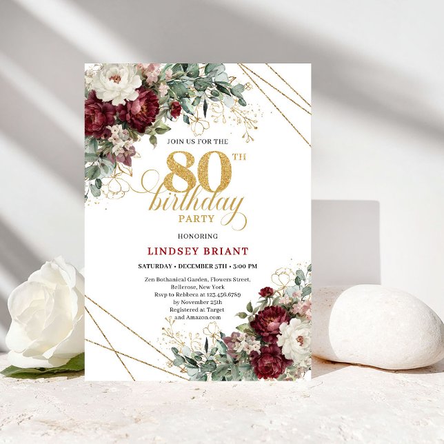 Romantic Marsala Eucalyptus 80th Birthday Inbjudningar (Romantic Marsala Eucalyptus 80th Birthday)