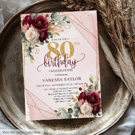Romantic Marsala Guld Flowers 80:e födelsedagen Inbjudningar