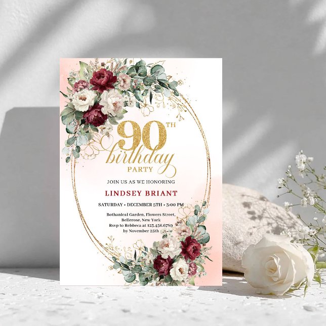 Romantic Marsala Peonies Eucalyptus 90th Birthday  Inbjudningar (Romantic Marsala Peonies Eucalyptus 90th Birthday Invite)