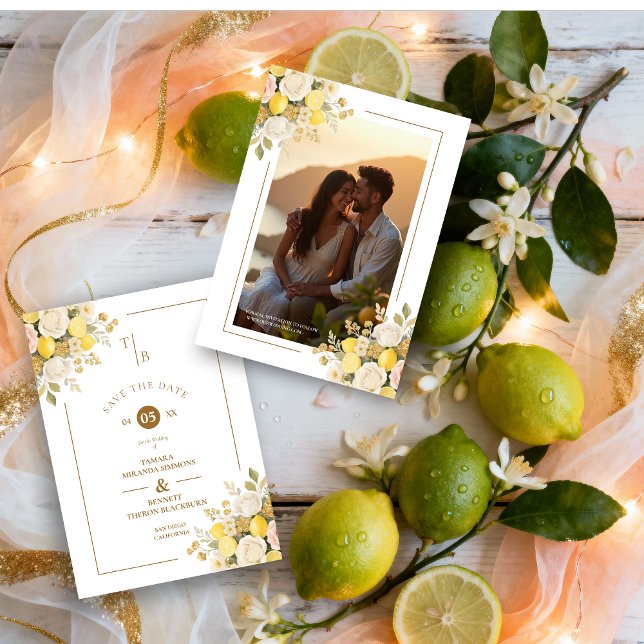 Romantic Mediterranean Lemons Floral Bunch Wedding Spara Datumet (Romantic Mediterranean Lemons & Floral Bunch Wedding Dave the Date with Initials and Back Photo.)