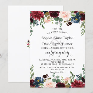 Romantic Merlot Navy Blue Blommigt Bröllop Inbjudningar