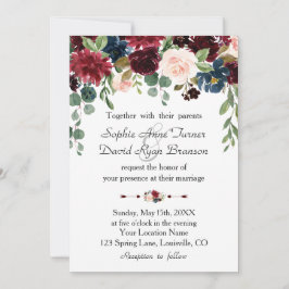 Romantic Merlot Navy Blue Blommigt Bröllop Inbjudningar