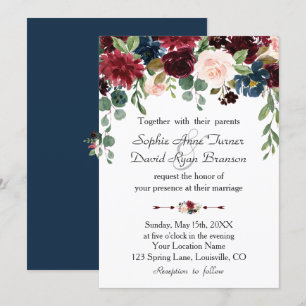 Romantic Merlot Navy Blue Blommigt Bröllop Inbjudningar