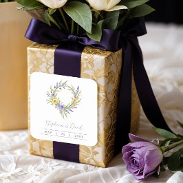 Romantic Minimal Wedding Yellow & Lavender Wreath Fyrkantigt Klistermärke