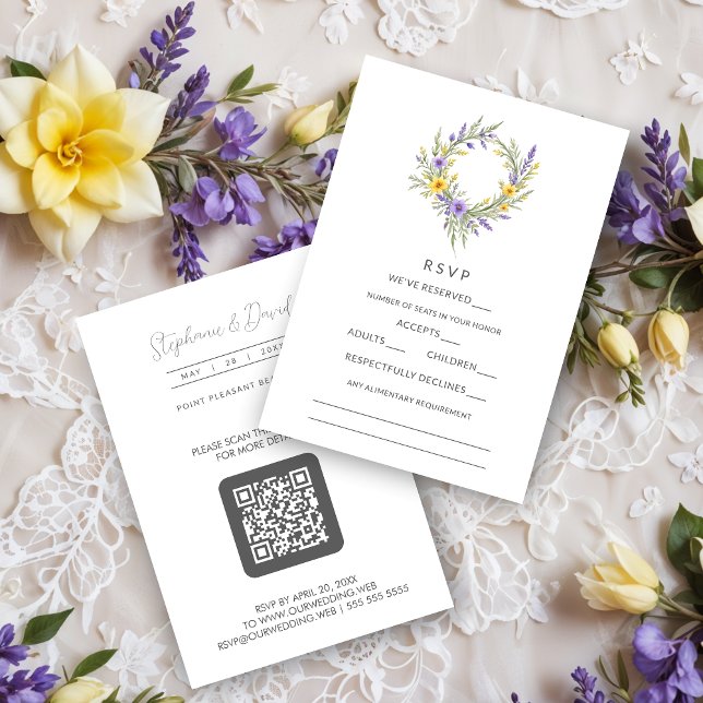 Romantic Minimal Wedding Yellow & Lavender Wreath OSA Kort (Romantic Minimalist Wedding Yellow & Lavender Wreath RSVP Cards. )