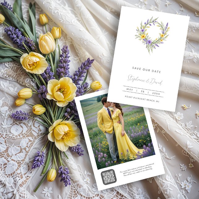 Romantic Minimal Wedding Yellow & Lavender Wreath Spara Datumet (Romantic Minimalist Wedding Yellow & Lavender Wreath Save the Dates Cards. )