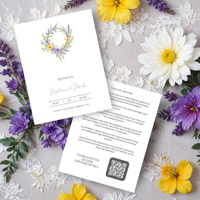 Romantic Minimal Wedding Yellow & Lavender Wreath Tilläggskort (Romantic Minimalist Wedding Yellow & Lavender Wreath Enclosure Cards.)