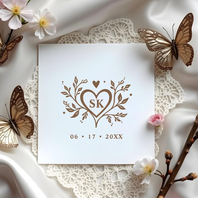 Romantic Minimalist Heart Swirls Monogram Initials Stämpel (Romantic Minimalist Wedding Design with Heart, Swirls, Monogram and Initials Rubber Stamps)