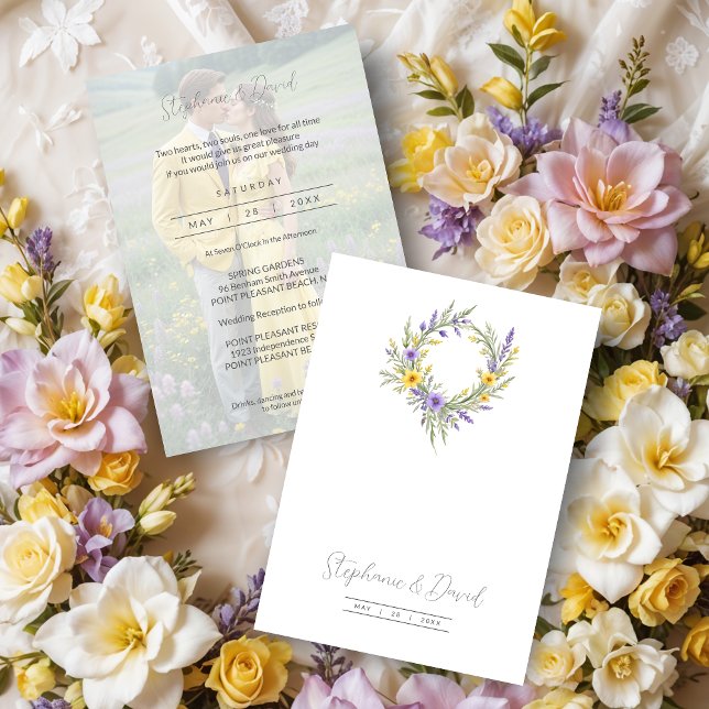 Romantic Minimalist Wedding Yellow Lavender Wreath Inbjudningar (Romantic Minimalist Wedding Yellow & Lavender Wreath Photo Invitations Cards. )